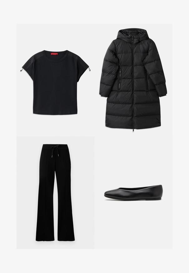 Mustapuffer-takki hupulla, jossa on vuorattuja kuvioita, kaksi vetoketjullista sivutaskua ja täysipitkä vetoketjusulku. Sileä pinta.; Mustat lyhyet hihaiset t-paidat, joissa on pyöreä kaula-aukko. Ominaisuuksiin kuuluu pehmeä kangas, jossa on satiinipaneelit hartioilla ja kiristysnyörit hihoissa.; Mustat leveälahkeiset collegehousut, joissa on kiristysnauha vyötäröllä, sivuvetoketjut, pehmeä kangas ja tyylikäs muotoilu.; Paul Smith TOPANGA - Ballerinat - black