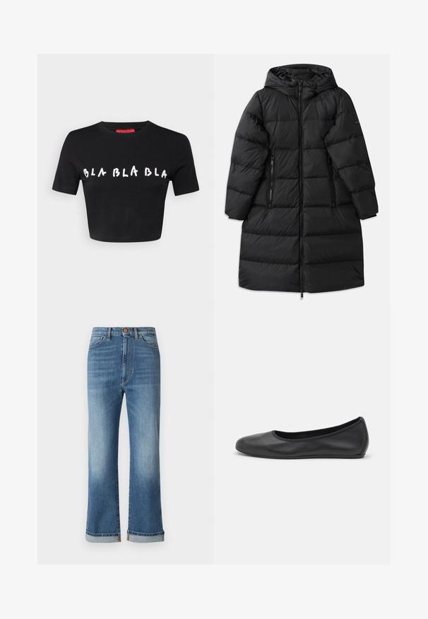 Melnā pūkainā jaka ar kapuci, ar izšūtu dizainu, divām ar rāvējslēdzēju abpusējām kabatām un garu rāvējslēdzēju aizdari. Gluda tekstūra.; Melnā kokvilnas īsās piedurknes apgrieztais T-krekls. Priekšpusē ir balts teksts "BLA BLA BLA" jautrā rakstā.; Zila džinsa auduma bikses ar augstu jostasvietu, platu griezumu un sarullētām piedurknēm. Redzamā šuve un priekšējā pogu aizdare ar klasisku piecu kabatu dizainu.; Melna ādas baleta kurpe ar noapaļotu purngalu, gludu tekstūru, minimālu šuvju detalizāciju un elastīgu zoles dizainu.