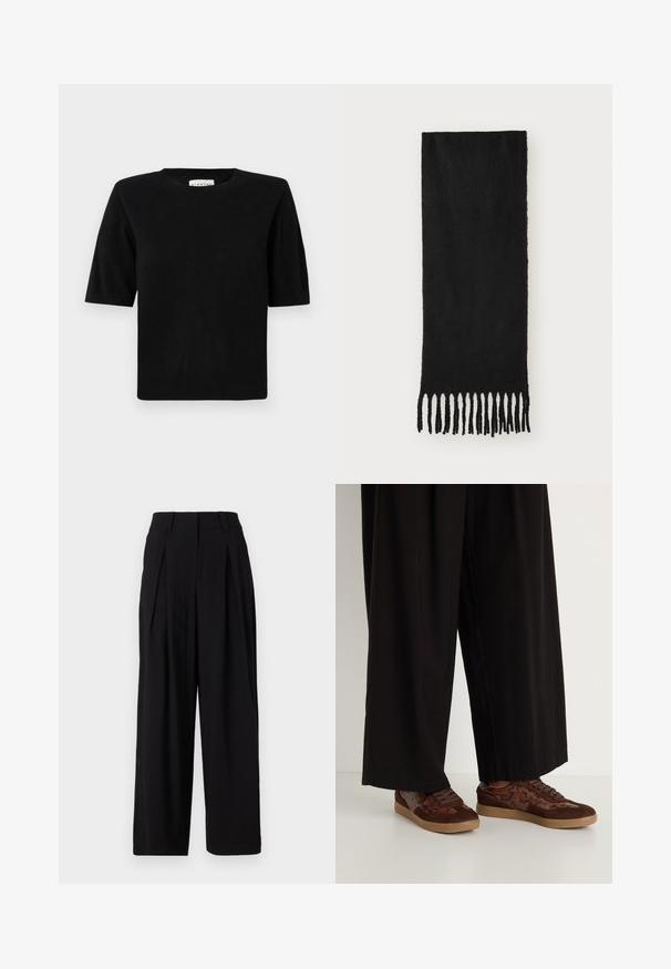 Braun doppeltknöpfiger Blazer mit schwarzen Knöpfen, Reverskragen, langen Ärmeln und drei Fronttaschen, flach auf einem weißen Hintergrund ausgelegt.; Schwarzes kurzärmliges Strickoberteil mit runder Ausschnitt und gerippten Bündchen. Verfügt über eine lockere, kastige Passform und eine weiche Textur. Etikett innen sichtbar.; Schwarze weite Stoffhosen aus glattem Material, mit hohem Bund, Falten vorne und fließender Silhouette.; Braune Sneakers mit einem Materialmix aus Wildleder und Schlangenleder-Details, runder Zehenform, Schnürverschluss und strukturierten Gummisohlen.; Schwarzer Schal aus weichem Stoff mit glatter Textur, mit geknoteten Fransenenden und rechteckiger Form.; Set aus zwölf Ohrhängern in Silber- und Goldtönen. Enthält gedrehte, glatte und strukturierte Designs in verschiedenen Größen und Oberflächen.