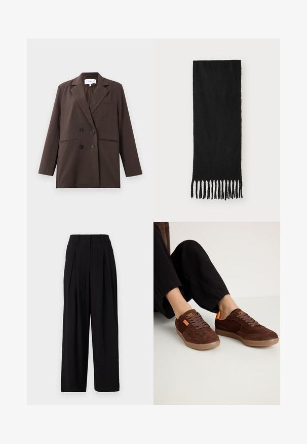 Brown double-breasted blazer with black buttons, notch lapels, long sleeves, and three front pockets, laid flat on a white background.; Brown sleeveless top made of soft fabric, featuring gathered shoulders and side ruched detailing, seamless neck, and fitted silhouette.; Black wide-leg trousers made of smooth fabric, featuring a high waistband, pleats at the front, and a flowing silhouette.; Brown suede sneakers with a rounded toe, textured upper, and orange accents. Features flat laces and a rubber sole.; Black scarf made of soft fabric with a smooth texture, featuring knotted fringe ends and a rectangular shape.; Set of twelve hoop earrings in silver and gold tones. Includes twisted, smooth, and textured designs with various sizes and finishes.