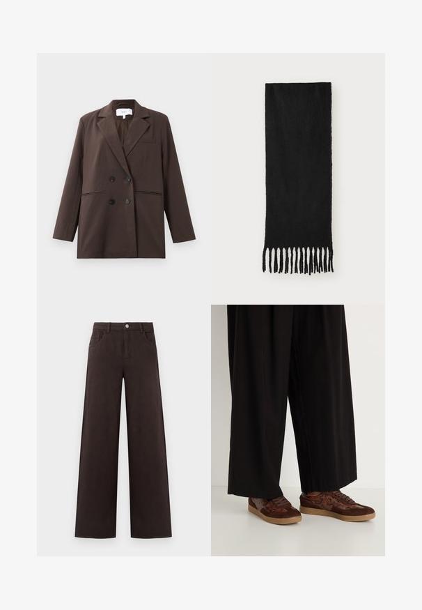 Blazer marrone doppiopetto con bottoni neri, rever a punta, maniche lunghe e tre tasche frontali, poggiato su uno sfondo bianco.; Top senza maniche marrone realizzato in tessuto morbido, con spalle arricciate e dettagli arricciati sui lati, scollo senza cuciture e silhouette aderente.; Pantaloni a gamba larga in cotone di colore marrone scuro. Presentano una chiusura con bottone e tasche frontali, con una superficie liscia e linee pulite.; Sneaker marroni con un design in materiali misti, dettagli in suede e stampa rettile, punta rotonda, chiusura con lacci e suole in gomma testurizzata.; Sciarpa nera realizzata in tessuto morbido con una texture liscia, caratterizzata da estremità con frange annodate e forma rettangolare.; Set di dodici orecchini a cerchio in tonalità argento e oro. Include design attorcigliati, lisci e testurizzati con varie dimensioni e finiture.