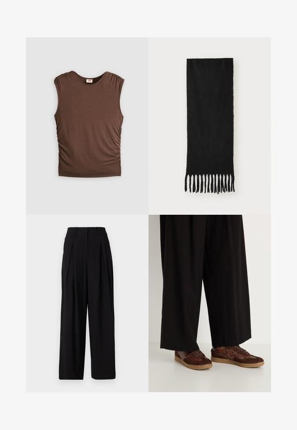Blazer marrón de doble botonadura con botones negros, solapas de muesca, mangas largas y tres bolsillos frontales, colocado plano sobre un fondo blanco.; Top marrón sin mangas hecho de un tejido suave, presenta hombros fruncidos y detalles fruncidos en los laterales, cuello sin costuras y una silueta ajustada.; Pantalones de pierna ancha negros, hechos de una tela suave, con una cinturilla alta, pliegues en la parte delantera y una silueta fluida.; Zapatillas marrones con un diseño de materiales mixtos que incluye ante y acentos de estampado de serpiente, puntera redonda, cierre con cordones y suelas de goma texturizadas.; Bufanda negra hecha de un tejido suave con una textura lisa, que presenta extremos con flecos anudados y una forma rectangular.; Conjunto de doce pendientes de aro en tonos plateados y dorados. Incluye diseños retorcidos, lisos y texturizados en varios tamaños y acabados.