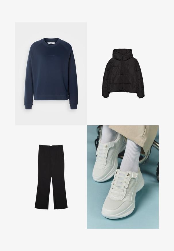 Black puffer jacket with front zipper, two side pockets, long sleeves, and a large hood.; Navy blue sweatshirt with long raglan sleeves, round neckline, and ribbed cuffs. Textured fabric and subtle logo on the front.; Black trousers with a straight fit, featuring front pockets and side slits at the hem. Made of soft, smooth fabric. Suitable for various occasions.; White sneakers featuring a mesh material, rubber sole, lace-free design with elastic bands, and gold-toned accents.