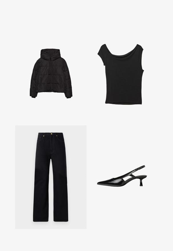 Črna napihnjena jakna z zadrgo spredaj, dvema stranskima žepoma, dolgimi rokavi in velikim kapuco.; Črna kratka majica s kratkimi rokavi iz gladkega blaga; ima drapiran izrez in asimetrično spodnjo rob, s prilegnjenim telesom.; Črne traper hlače s ravnim krojem, visokim pasom, petimi žepi, zlatim dodatkom in subtilnimi šivi.; Črne patentični usnjeni salonarji s slingback designom, z zašiljenim nosom, izrezanim stranskim dizajnom in majhnim kvadratnim peto. Gladka tekstura z minimalnimi detajli.