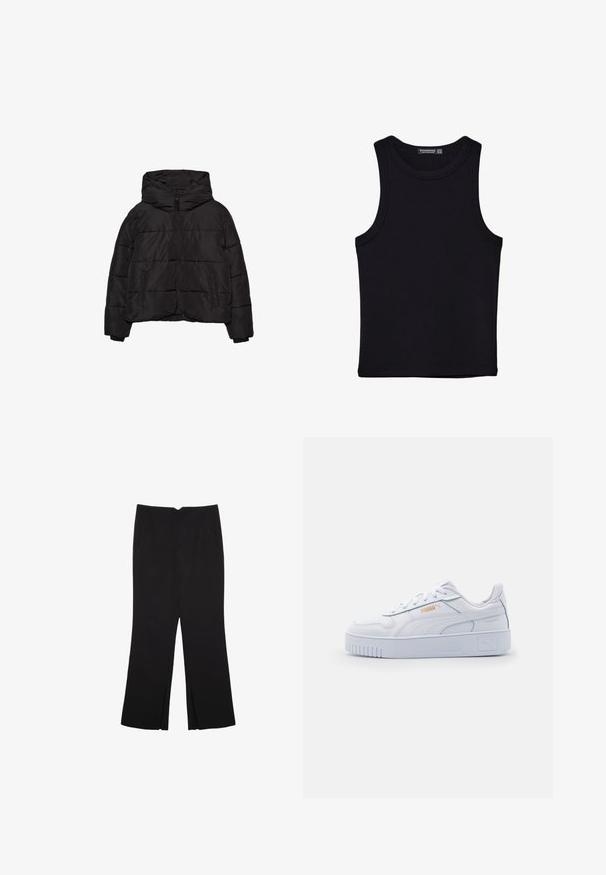 Crna puf jakna s prednjim patentnim zatvaračem, dva bočna džepa, dugim rukavima i velikim kapuljačom.; Crni top bez rukava od pamuka, s okruglim izrezom i širokim izrezima za ruke. Glatka tekstura s ušivenim rubovima. Klasičan, minimalistički dizajn.; Crne hlače ravnog kroja, s prednjim džepovima i bočnim prorezima na rubu. Izrađene od mekog i glatkog materijala. Pogodne za razne prigode.; Bijele kožne tenisice s debelim potplatom, s glatkom teksturom, minimalističkim dizajnom, bočnim prugama i malim logom.