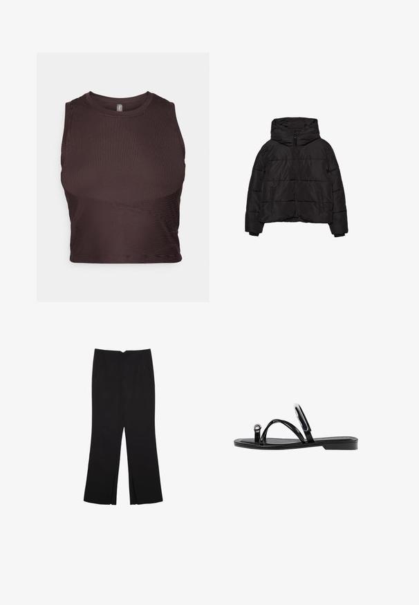 Crna puf jakna s prednjim patentnim zatvaračem, dva bočna džepa, dugim rukavima i velikim kapuljačom.; Tamno smeđi rebrasti crop top s širokim trakama, okruglim izrezom i bešavnim dizajnom. Ima priljubljen siluet i rastezljiv materijal za udobnost.; Crne hlače ravnog kroja, s prednjim džepovima i bočnim prorezima na rubu. Izrađene od mekog i glatkog materijala. Pogodne za razne prigode.; Crne ravne sandale s sjajnom završnom obradom, tri tanke trake i kružna metalna detalj na prstu. Elegantni dizajn s minimalnim potplatom.