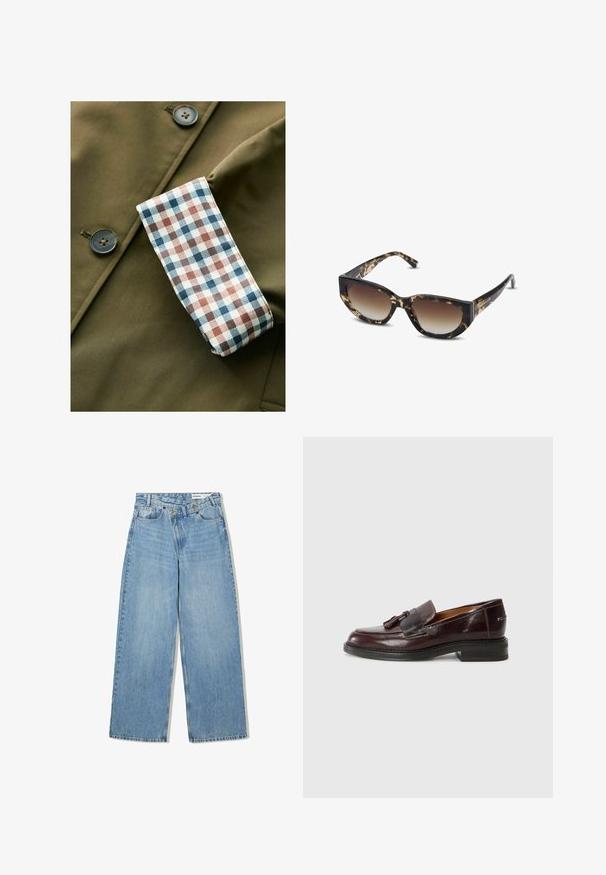 Kurtka w oliwkowym kolorze z teksturowanym wykończeniem, z kratkowanym mankietem w kolorach białym, niebieskim i rdzawego. Guziki są plastikowe w brązowym kolorze.; Brązowy sweter z golfem wykonany z miękkiego materiału, charakteryzujący się dopasowanym krojem, prążkowanym kołnierzem i mankietami oraz lekko skróconym dołem.; Jasnoniebieskie dżinsy w szerokim kroju, wykonane z denimu, z podwyższonym stanem, pięcioma kieszeniami, zapięciem na guzik i subtelnym wyblaknięciem dla uzyskania tekstury.; Brązowe skórzane mokasyny z akcentem w postaci frędzli, zaokrąglonym noskiem, niskim blokowym obcasem i teksturowaną podeszwą. Gładkie wykończenie z subtelnymi detalami przeszyć.; Brązowe i czarne okulary przeciwsłoneczne w kształcie kota z kątami, z gradientowymi soczewkami i grubą oprawką. Logo wydrukowane na zausznikach.; Brązowa, wyściełana torba na ramię o zaokrąglonym kształcie, z zamkiem błyskawicznym i regulowanym paskiem, oferująca różne opcje noszenia.