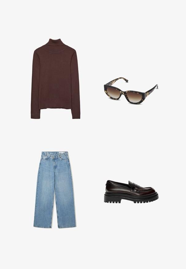 Olivgrüne Jacke mit strukturierter Oberfläche, mit einem karierten Bündchen in Weiß, Blau und Rostfarben. Die Knöpfe sind aus braunem Kunststoff.; Brauner Rollkragenpullover aus weichem Stoff, mit körperbetontem Schnitt, geripptem Kragen und Bündchen sowie einem leicht verkürzten Saum.; Hellblaue weite Jeans aus Denim, mit hoher Taille, fünf Taschen, Knopfverschluss und dezentem Verblassen für Textur.; Dunkelbrauner, polierter Lederloafer mit robustem, schwarzem Profilsohle und klassischem Penny-Riemen-Design.; Braun und schwarze Schildpatt-Sonnenbrille mit angularer Cat-Eye-Form, verlaufenden Gläsern und dickem Rahmen. Logo auf den Bügeln gedruckt.; Braune, gepolsterte Schultertasche mit geschwungener Form, ausgestattet mit einem Reißverschluss und einem verstellbaren Gurt für vielseitige Trageoptionen.