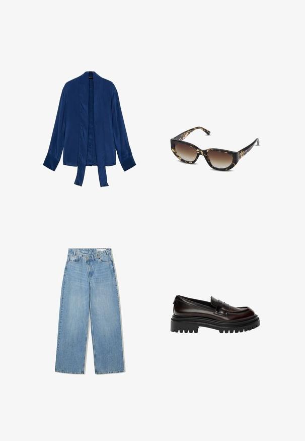 Giacca verde oliva con finitura texture, con polsini a scacchi in bianco, blu e ruggine. I bottoni sono in plastica marrone.; Giacca kimono in satin blu navy con maniche lunghe, apertura frontale e chiusura con cravatta. Texture liscia e design minimale senza decorazioni.; Jeans azzurri a gamba larga realizzati in denim, con vita alta, cinque tasche, chiusura a bottone e una leggera scoloritura per aggiungere texture.; Mocassino in pelle lucida marrone scuro con suola nera spessa e design classico con fascia a penny.; Occhiali da sole tartaruga marroni e neri con forma a gatto angolare, lenti sfumate e montatura spessa. Logo stampato sulle aste.; Borsa a spalla marrone imbottita con una forma curvata, dotata di chiusura con cerniera e tracolla regolabile per diverse opzioni di trasporto.