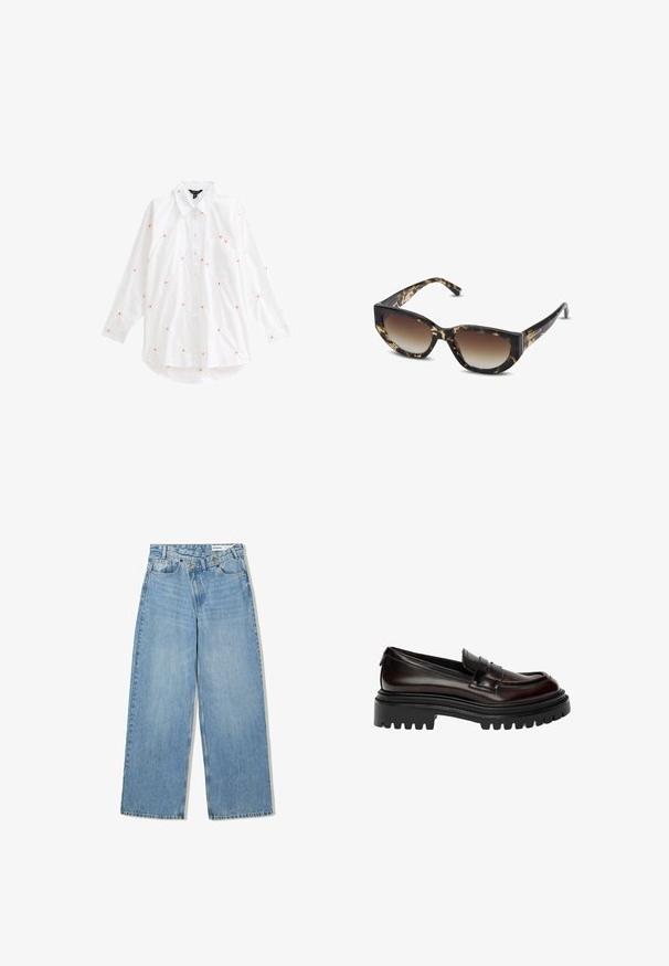 Olive green jacket featuring a textured finish, with a checkered cuff in white, blue, and rust colors. Buttons are brown plastic.; New Look DAISY EMBROIDERED LONG SLEEVE - Button-down blouse - white pattern; Light blue wide-leg jeans made of denim, featuring a high waist, five pockets, button closure, and subtle fading for texture.; Dark brown polished leather loafer with chunky black lug sole and classic penny strap design.; Brown and black tortoiseshell sunglasses with angular cat-eye shape, gradient lenses, and thick frame. Logo printed on temples.; Brown, padded shoulder bag with a curved shape, featuring a zipper closure and adjustable strap for versatile carrying options.