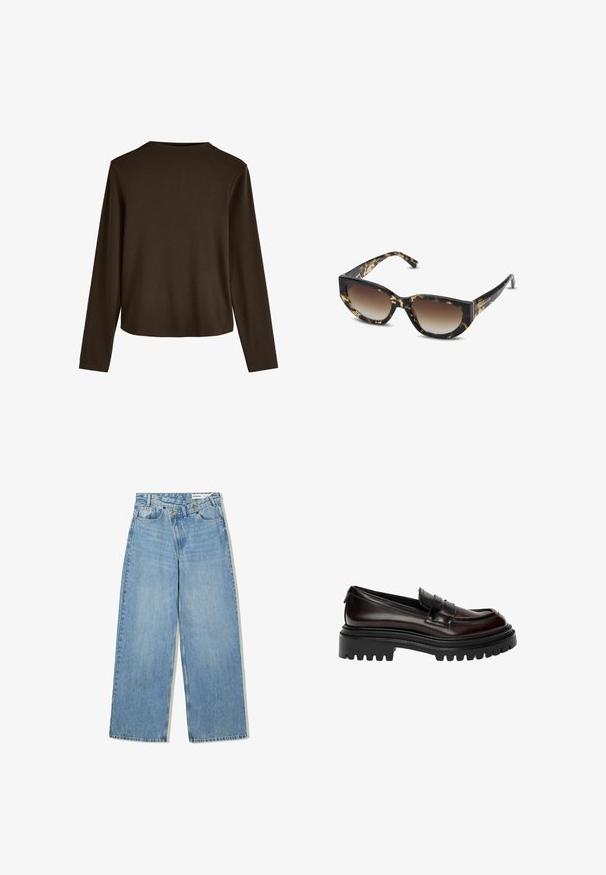 Olivengrøn jakke med en struktureret overflade, med en ternet manchet i hvid, blå og rustfarvet. Knapperne er i brunt plast.; Brun, langærmet top med rund halsudskæring og løs pasform, lavet af blødt bomuldsstof med en ensartet tekstur.; Lyseblå vide denimjeans med høj talje, fem lommer, knaplukning og diskret falmning for tekstur.; Mørkebrun poleret læder loafersko med kraftig sort gummisål og klassisk penny-stropdesign.; Brune og sorte skildpaddemønstrede solbriller med vinklet katteøjeform, gradientlinser og tyk ramme. Logo trykt på stængerne.; Brun, polstret skuldertaske med en buet form, der har en lynlås lukning og justerbar rem for alsidige bære muligheder.