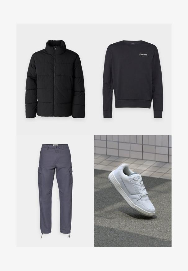 Black puffer jacket made of lightweight fabric, featuring a high collar, front zipper, and horizontal quilted pattern for insulation.; Black sweatshirt made of soft fabric, featuring long sleeves, a crew neck, and a white "Club1990" logo on the chest. Simple design.; Cargo pants in dark gray cotton. Features side pockets, a button closure, and adjustable hems with ties. Straight-leg design with seamless texture.; White leather sneaker with perforated sides, textured accents, flat laces, and a contrasting gray heel. Features a slightly elevated sole.