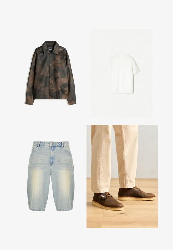 Ruskea ja musta pilkullinen tekonahkak Jacket, jossa napit edessä, rintatasku ja avonainen kaulus, makaa litteänä valkoisella taustalla.; Valkoinen lyhythihainen t-paita, joka on valmistettu pehmeästä puuvillasta. Pyöreä kaula-aukko ja rento istuvuus ilman näkyviä logoja tai kuvioita.; Vaaleansiniset farkkushortsit, joissa on haalistunut pesu, klassinen viiden taskun malli, vyölenkit ja suora leikkaus.; Ruskeat nahkakengät, joissa on sileä pinta, pyöreä kärki ja vaaleat kumipohjat. Yhdistettynä vaaleankahvinvärisiin housuihin.