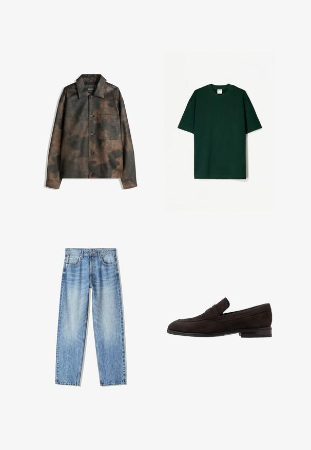 Ruskea ja musta pilkullinen tekonahkak Jacket, jossa napit edessä, rintatasku ja avonainen kaulus, makaa litteänä valkoisella taustalla.; Tummanvihreä lyhythihainen t-paita, joka on valmistettu sileästä puuvillakankaasta. Paidassa on pyöreä kaula-aukko ja suora, rento istuvuus.; Vaaleansinisiä farkkuja, joissa on väljä istuvuus, suoralahkeinen muotoilu, viisi taskua ja haalistunut pinta. Sisältää edessä napin ja vetoketjun.; Tummanruskeat mokkanahasta valmistetut loafertossut, joissa on litteä pohja, reunassa kiinnitetty ommel ja pieni, kohotettu nauha edessä.