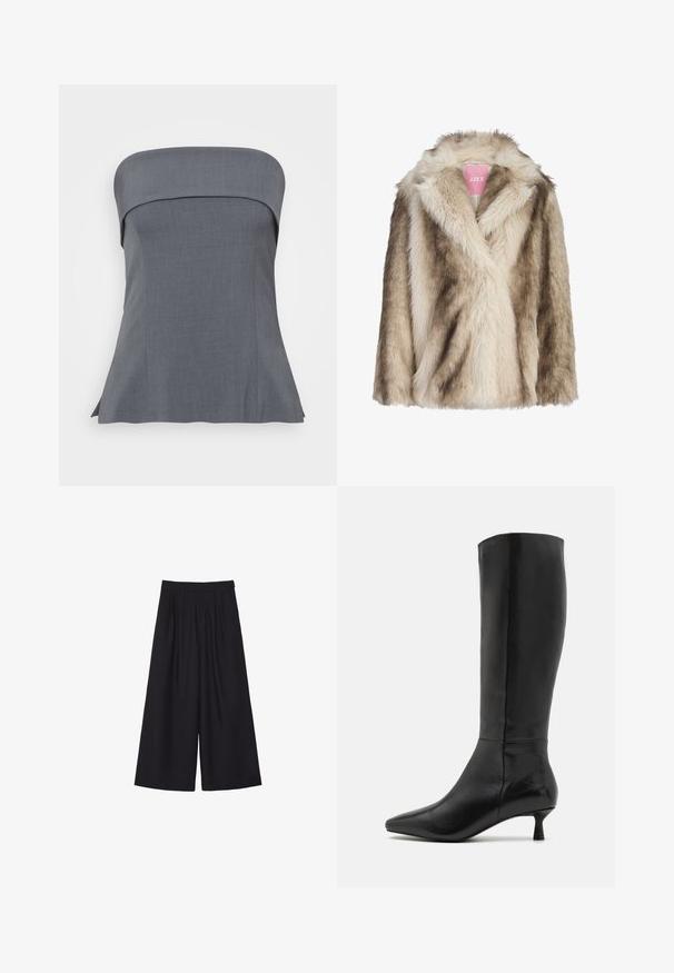 Lažni krzneni plašč v smetanasto beli in svetlo rjavi barvi, z obrobo iz šal in mehko, teksturirano površino. Oznaka je vidna na notranji strani.; Siva brezramni top z ravnim ovratnikom, kroj prilagojen telesu in razširjenim robom. Tkanina ima gladko teksturo, primerna za vsakodnevno ali formalno obleko.; Rjava prilegajoča majica z čipkastim robom, spaghetti naramnicami in petimi sprednjimi gumbi; ima razporek na dnu in prilagojen dizajn.; Črne široke hlače s ploščami, izdelane iz gladkega materiala. Imajo visok pas in čist, natančen kroj.; Zign Škornji - black