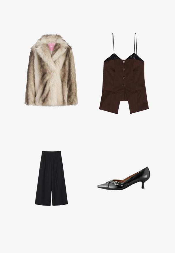 Lažni krzneni plašč v smetanasto beli in svetlo rjavi barvi, z obrobo iz šal in mehko, teksturirano površino. Oznaka je vidna na notranji strani.; Rjava prilegajoča majica z čipkastim robom, spaghetti naramnicami in petimi sprednjimi gumbi; ima razporek na dnu in prilagojen dizajn.; Črne široke hlače s ploščami, izdelane iz gladkega materiala. Imajo visok pas in čist, natančen kroj.; Črne usnjene čevlje s koničastim nosom, ukrivljenim petami in okrasno zaponko. Imajo gladko teksturo in kontrastni trak z metalnimi dodatki.