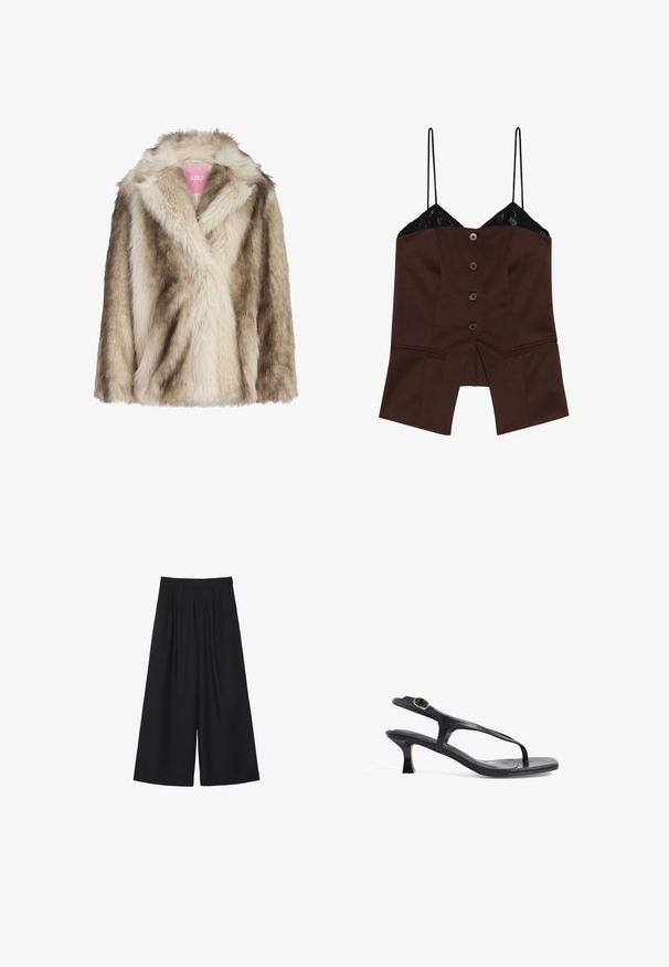Lažni krzneni plašč v smetanasto beli in svetlo rjavi barvi, z obrobo iz šal in mehko, teksturirano površino. Oznaka je vidna na notranji strani.; Rjava prilegajoča majica z čipkastim robom, spaghetti naramnicami in petimi sprednjimi gumbi; ima razporek na dnu in prilagojen dizajn.; Črne široke hlače s ploščami, izdelane iz gladkega materiala. Imajo visok pas in čist, natančen kroj.; Črne usnjene sandale z ozkim dizajnom, tankimi trakovi in majhno peto. Imajo poudarek na sponki in gladko teksturirano podplato.