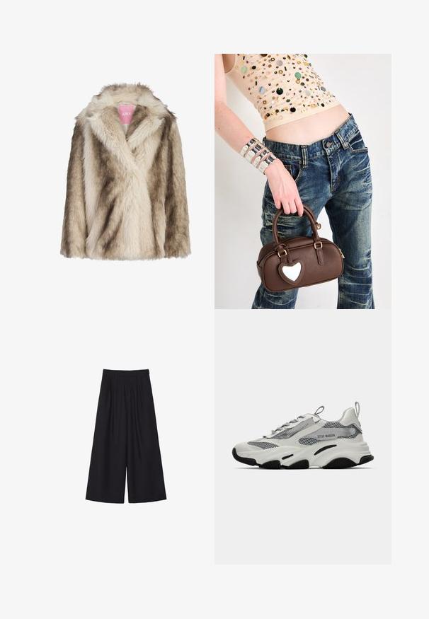 Manteau en fausse fourrure dans des teintes crème et brun clair, arborant un col châle et une surface douce et texturée. Étiquette visible à l'intérieur.; Haut ajusté marron avec dentelle, bretelles spaghetti et cinq boutons à l'avant ; présente un ourlet fendu et un design taillé.; Pantalons larges noirs avec des plis, fabriqués dans un tissu doux. Présentent une taille haute et une coupe épurée et ajustée.; Baskets de sport blanches avec des panneaux en maille, des accents gris et des semelles en caoutchouc noir. Comprend des lacets, une languette de traction et un marquage de la marque.; Sac à main en cuir marron avec un accent en forme de cœur, design arrondi, quincaillerie dorée, tenu par une main ; associé à un jean déchiré et un haut à perles.