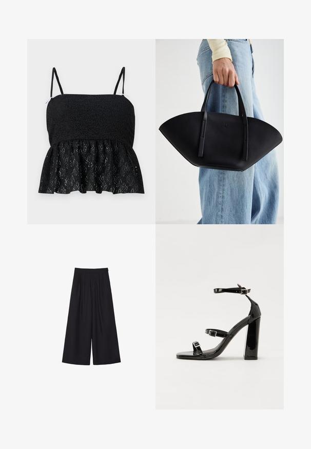 Lažni krzneni kaput u krem i svijetlosmeškastim tonovima, s šal kragnom i mekanom, teksturiranom površinom. Oznaka vidljiva unutar.; Crni čipkasti peplum top s tankim podesivim naramenicama, s teksturiranim cvjetnim uzorkom i lepršavim rubom. Glatka podstava vidljiva ispod.; Crne široke hlače s pregibima, izrađene od glatke tkanine. Imaju visok struk i čist, krojeni oblik.; Crne lakirane sandale na pete sa kvadratnim nosom, trakama oko gležnja i srebrnim kopčama. Imaju čvrst blok petu za stabilnost.; Crna kožna torba jedinstvenog oblika ventilatora, s ravnim ručkama. Površina ima teksturu sličnu šljunku i minimalistički dizajn.