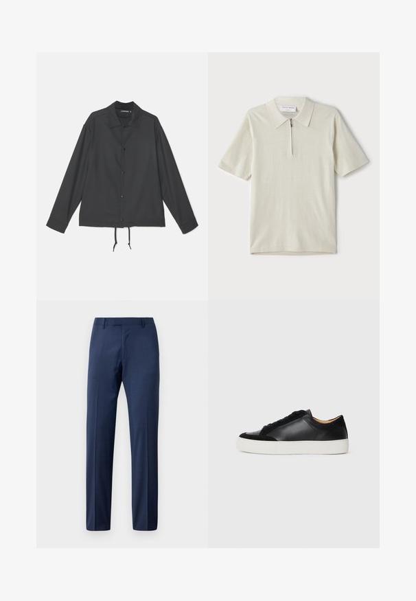 J.LINDEBERG CELIAN COACH OVERSHIRT - Poletna jakna - black; Polo majica s kratkimi rokavi v svetlo bež barvi z zadrgo pri ovratniku. Narejena iz gladkega materiala, ima preprost, sodoben dizajn brez vzorcev.; Moške hlače iz temno modrega oblečenega materiala, s pasom in zapiranjem na zadrgo, prikazane na beli podlagi.; Črni usnjeni superge z semisnim poudarjanjem, okroglo prsto, ravnim belim gumijastim podplatom in kontrastnimi teksturami na telesu in vezalkah.