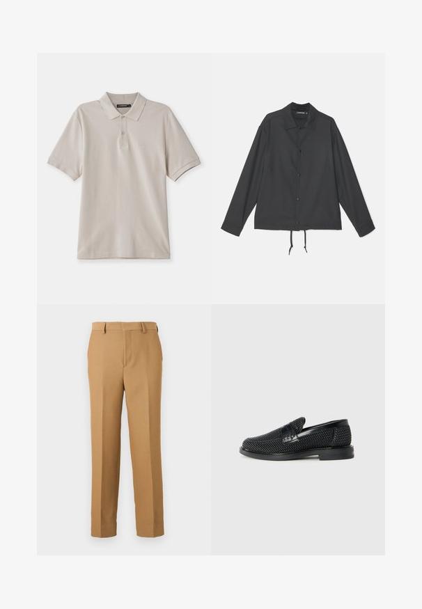 J.LINDEBERG CELIAN COACH OVERSHIRT - Let jakke / Sommerjakker - black; Beige polo skjorte lavet af bomuld, med klassisk krave, korte ærmer og et diskret broderet logo på venstre bryst.; Beige bukser lavet af vævet stof, med lige snit, flad front og bæltestropper. Glat tekstur uden synlige mønstre.; Sort vævet slip-on sko med en glat læderdetalje på overdelen, en rund tådesign og en lavprofil gummisål.