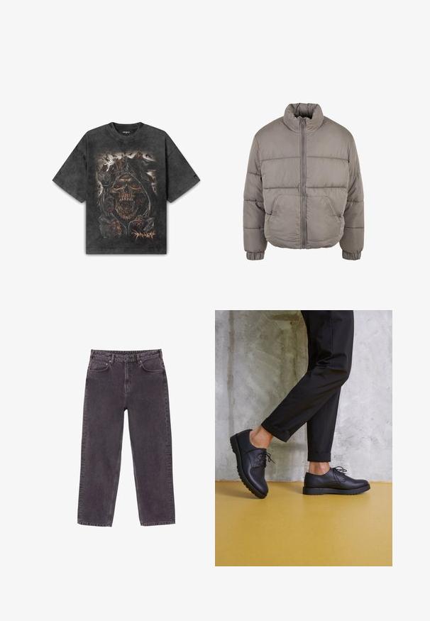 Padded šedá bomber bunda s vysokým golierom, predným zipsom a elastickými manžetami. Dve predné vrecká a prešívané časti pre textúru.; Čierne oversized bavlnené tričko s podrobnou grafikou lebky s ohnivými očami, obklopené temnými postavami a motívmi pavúkov.; Šedé denimové džínsy so strihom do rovna, piatimi vreckami a mosadznými gombíkmi. Majú stredné umývanie s jemným blednutím a detailným šitím.; Čierne kožené šnurovacie topánky s okrúhlou špičkou, textúrovaným povrchom a hrubou gumovou podrážkou. Nosené s vyrolovanými čiernymi nohavicami na pozadí z betónu.