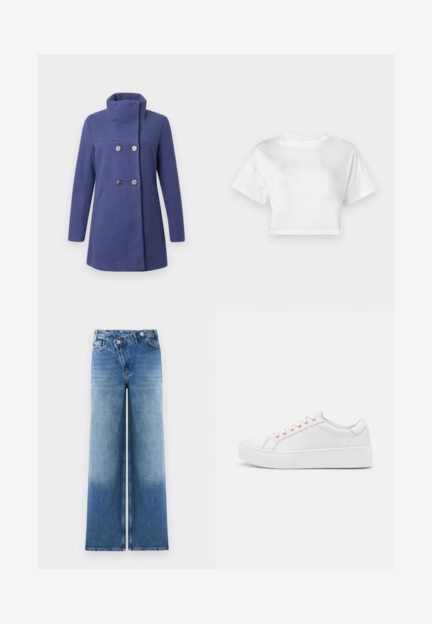 Dubbelknäppt lila kappa med hög krage, gjord av ett texturerat tyg. Den har två sidofickor och silvriga knappar.; Vit kortärmad t-shirt i bomull. Korta ärmar, rund halsringning, slät textur, avslappnad design utan mönster eller dekorationer.; Ljusblå vida jeans med en urblekt tvätt, med en klassisk femfickorsdesign och metallknappaccent vid midjan.; Vit sneaker med slät läderöverdel, rund tå och tjock vit sula. Har sex gyllene öglor för snörning och diskreta sidostygn.