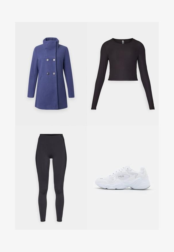 Cappotto viola doppiopetto con colletto alto, realizzato in un tessuto texture. Presenta due tasche laterali e bottoni argentati.; Top cropped a maniche lunghe nero realizzato in tessuto a coste. Presenta un collo rotondo e una silhouette aderente con superficie strutturata.; Leggings neri a vita alta realizzati in materiale elasticizzato. Presentano una texture liscia, una vestibilità slim e dettagli di cucitura discreti lungo i lati.; Scarpa sportiva bianca con tomaia in mesh testurizzato, colletto imbottito e suola spessa. Presenta un logo sul lato e chiusura con lacci.