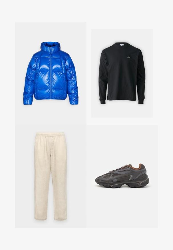 Plava puhasna jakna s sjajnim finishem, visokim ovratnikom, prednjim zatvaračem i podstavljenim dijelovima. Ima oznaku na prsima.; Crna majica dugih rukava od pamuka, s okruglim izrezom i malim zelenim izvezenim logotipom krokodila s lijeve strane prsnog dijela.; Samsøe Samsøe JABARI - Hlače - castle wall; Lacoste tenisice u tamno sivoj boji s mrežastim i sintetičkim materijalom, s teksturiranom potplatom i smešnim akcentima na ovratniku i brandiranju.