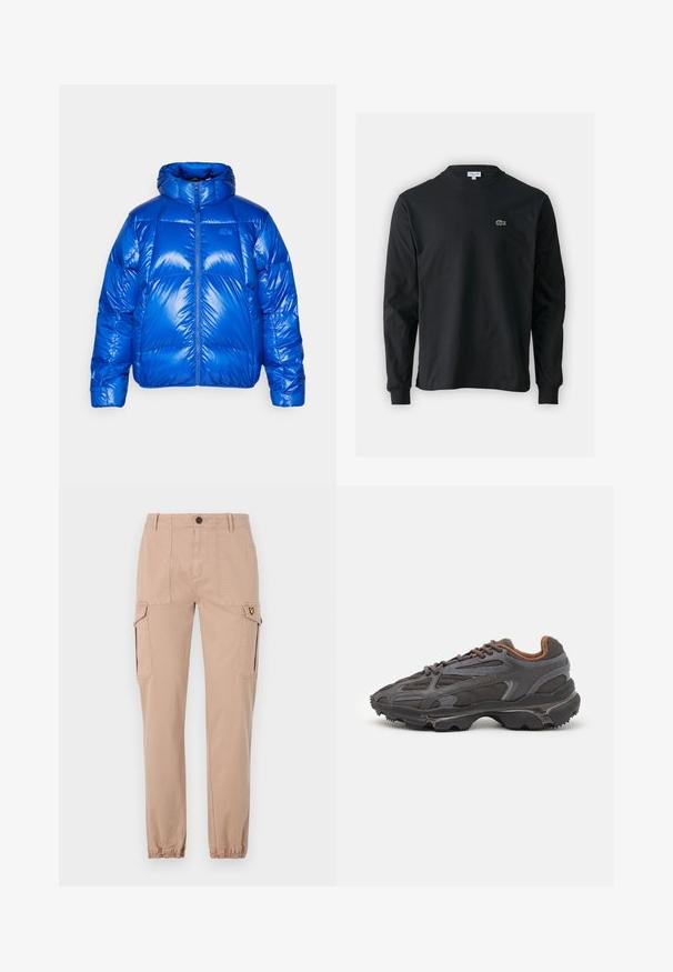 Modra pufasta jakna z sijočim zaključkom, visokim ovratnikom, sprednjim zadrgo in oblazinjenimi deli. Ima logo na prsih.; Črna dolgi rokavi majica iz bombaža, z okroglim ovratnikom in majhnim zelenim vezenim logotipom krokodila na levem prsnem delu.; Bež cargo hlače z ožjim krojem, ki imajo dva stranska žepa in elastične manšete. Mehka bombažna tkanina, enostaven dizajn brez vzorcev.; Lacoste teniske v temno sivi barvi z mrežasto in sintetično prevleko, s teksturiranim podplatom in rjavimi detajli na ovratniku ter blagovni znamki.