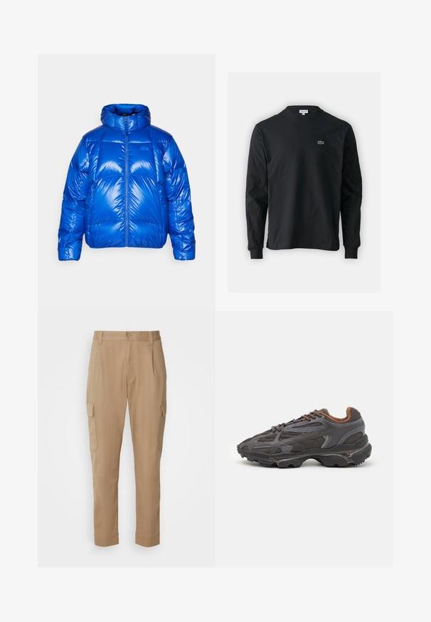Blauwe pufferjack met een glanzende afwerking, hoge kraag, ritssluiting aan de voorkant en gewatteerde delen. Heeft een logo op de borst.; Zwarte longsleeve t-shirt van katoen, met een ronde halslijn en een klein groen geborduurd krokodillenlogo op de linkerborst.; Beige cargobroek met een rechte pasvorm, voorzien van zijzakken en een ritssluiting, gemaakt van lichtgewicht stof met een gladde textuur.; Lacoste sneakers in donkergrijs van mesh en synthetisch materiaal, met een gestructureerde zool en bruine accenten op de kraag en branding.
