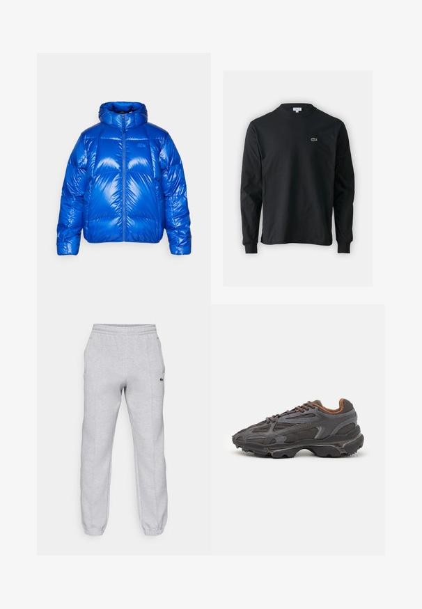 Zils pūšamais jakas ar spīdīgu apdari, augstu apkakli, priekšējo rāvējslēdzēja aizdari un pildītām sekcijām. Iezīmēts ar logo krūtīs.; Melna garām piedurknēm t-krekls, izgatavots no kokvilnas, ar apaļu kakla izgriezumu un mazu zaļu izšūtu krokodila logo kreisajā krūtī.; Lacoste Treniņtērpa apakšdaļas - silver chine; Lacoste kedas tumši pelēkā krāsā ar acu audumu un sintētisko materiālu, ar teksturētu zoli un brūniem akcentiem apkaklītē un zīmola uzrakstā.
