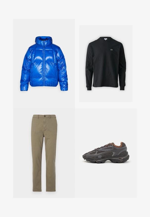 Modra pufasta jakna z sijočim zaključkom, visokim ovratnikom, sprednjim zadrgo in oblazinjenimi deli. Ima logo na prsih.; Črna dolgi rokavi majica iz bombaža, z okroglim ovratnikom in majhnim zelenim vezenim logotipom krokodila na levem prsnem delu.; Olivno zeleni bombažni chinos hlače z ravnim krojem, sprednjim gumbom in stranskimi žepi. Gladka tekstura in minimalne podrobnosti.; Lacoste teniske v temno sivi barvi z mrežasto in sintetično prevleko, s teksturiranim podplatom in rjavimi detajli na ovratniku ter blagovni znamki.