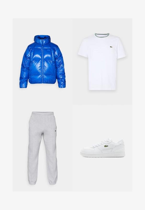 Mėlynas pūkinis švarkas su blizgiu paviršiumi, aukšta apykakle, priekiniais užtrauktukais ir paminkštintomis dalimis. Ant krūtinės yra logotipas.; Balta medvilninė trumpo rankovės marškinėliai su įsiūtu apykakle, dekoruota žaliais ir juodais dryžiais; mažas žalias siuvinėtas logotipas kairėje krūtinės pusėje.; Lacoste Treningo apatinė dalis - silver chine; Baltos odinės sportbačiai su perforuotais akcentais, plokščiais raišteliais ir mažu žaliu logotipu šone. Guminis padas ir paminkštintas apykaklė komfortui.