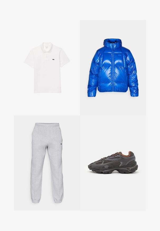 Modrá péřová bunda s lesklým povrchem, vysokým límcem, předním zipem a polstrovanými sekcemi. Obsahuje logo na hrudi.; Bílá polo košile vyrobená z bavlny, s klasickým límečkem, krátkými rukávy a malým námořnickým logem na levé hrudi.; Lacoste Teplákové kalhoty - silver chine; Sněrovací boty Lacoste v tmavě šedé barvě s síťovinou a syntetickým materiálem, prezentující texturovanou podrážku a hnědé detaily na límci a logu.