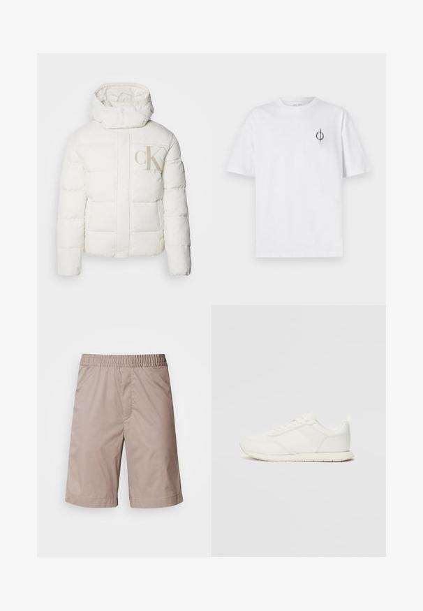 Hvit puffjakke med høy krage og hette. Har quiltede seksjoner og en stor beige "CK" logo på fronten. Glatt tekstur.; Hvit bomull t-skjorte med avslappet passform, med en liten svart grafisk logo på venstre brystområde. Korte ermer, rund hals.; Beige shorts med elastisk midje, glatt tekstur, knelengde og uten synlige mønstre eller hardware-detaljer.; Hvit sneaker med en mesh- og syntetisk overdel, rund tå, flate lisser og en teksturert sidestropp. Gummisåle med en pull-tab bak.