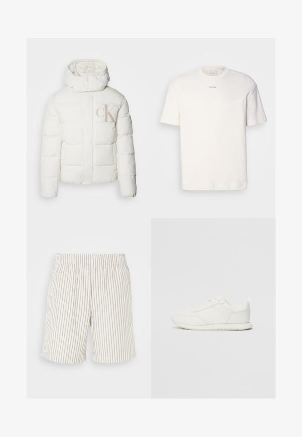 Biała kurtka puchowa z wysokim kołnierzem i kapturem. Posiada pikowane sekcje oraz duże beżowe logo "CK" z przodu. Gładka faktura.; Biała bawełniana koszulka z okrągłym dekoltem, krótkimi rękawami i haftowanym logo "Calvin Klein" na środku klatki piersiowej. Prosty wzór.; Szorty w paski wykonane z lekkiego, oddychającego materiału. Kolor to lekko kremowy z cienkimi, pionowymi szarymi paskami. Elastyczny pas.; Białe trampki z siateczkową i syntetyczną cholewką, okrągłym noskiem, płaskimi sznurowadłami oraz teksturowanym paskiem bocznym. Gumowa podeszwa z pętelką z tyłu.