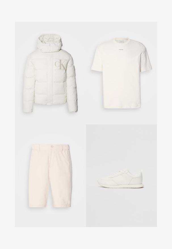 Weiße Pufferjacke mit hohem Kragen und Kapuze. Verfügt über gesteppten Bereiche und ein großes, beiges "CK"-Logo auf der Vorderseite. Glatte Textur.; Weißes Baumwoll-T-Shirt mit rundem Ausschnitt, kurzen Ärmeln und gesticktem "Calvin Klein"-Logo in der Mitte der Brust. Schlichtes Design.; Beige Shorts aus leichtem Material mit Knopfverschluss, elastischem Bund, seitlichen Taschen und knielangem Schnitt.; Weißer Sneaker mit einem Obermaterial aus Mesh und Synthetik, runder Zehenform, flachen Schnürsenkeln und einem strukturierten Seitenstreifen. Gummisohle mit einer Lasche hinten.