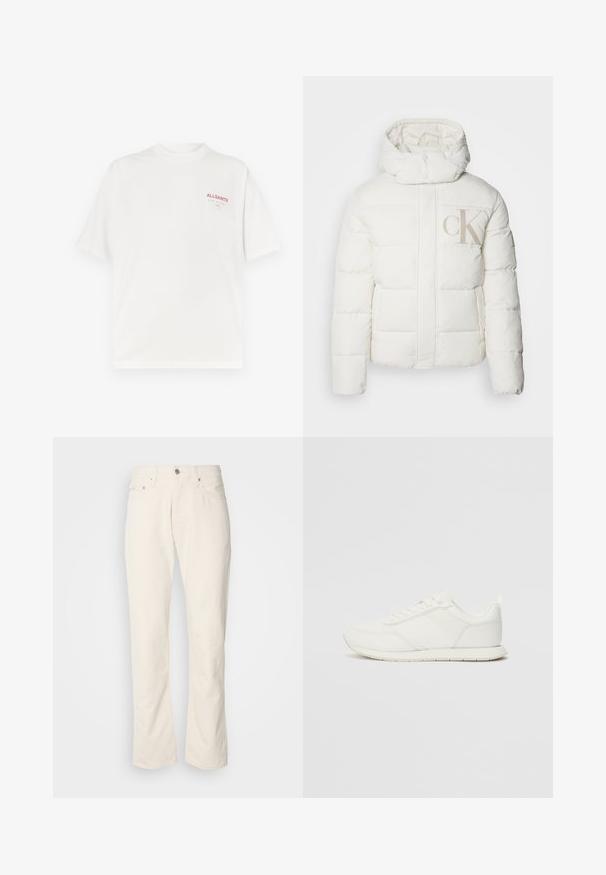 Balts pūka jaka ar augstu apkakli un kapuci. Iemūžina quiltētas sekcijas un lielu beigu "CK" logotipu priekšā. Gluda virsma.; Balts kokvilnas T-krekls ar apaļu kaklu, īsām piedurknēm un sarkanu logotipu kreisajā krūtī. Tam ir gluda tekstūra un brīvs piegriezums.; Bēšas kokvilnas džinsu bikses ar klasisku taisno kāju dizainu, kas iekļauj priekšējo pogu aizdari, piecus kabatas un smalkas šuvju detaļas.; Baltie sporta apavi ar mežģīņu un sintētisko augšdaļu, apaļu purngalu, plakanu mežģīņu un teksturētu sānu joslu. Gumijas zole ar cilpu aizmugurē.