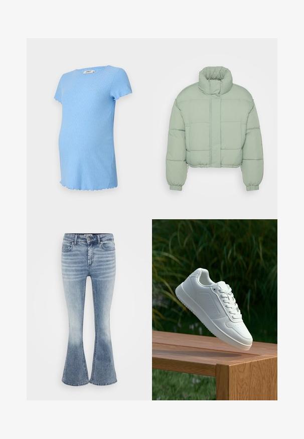 Krátka púderová bunda v svetlej mätovej zelenej farbe. Má vysoký golier, elastické manžety a prešívané časti na izoláciu. Hladký povrch.; Svetlo modré tehotenské tričko z rebrovanej látky s krátkymi rukávmi a volánovým lemom. Mäkká textúra, priliehavý strih.; Svetlo modré rozšírené džínsy vyrobené z denimu, s klasickým päťvreckovým dizajnom, predným zapínaním na zips a jemným vyblednutím pozdĺž stehien.; Biele tenisky s hladkým syntetickým zvrškom, perforovanou špičkou, plochými šnúrkami a textúrovanou podrážkou, vystavené na drevenej ploche.