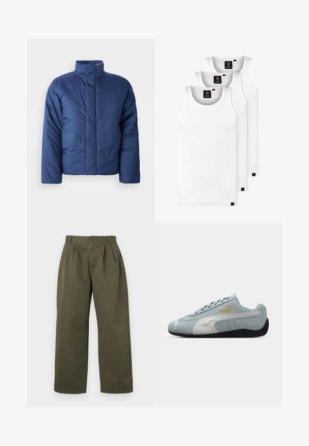 Marineblå boblejakke med høyt krage, frontlås med glidelås og quiltet tekstur. Har logo på venstre brystområde.; Tre hvite ribbestrikkede tank topper laget av bomull. Har en rund hals og små svarte etiketter nær kanten. Tilgjengelig i flere størrelser.; Olivengrønne bomullsbukser med rett snitt, frontfolder og knapper foran i livet. Ingen synlige lommer.; Lys blå semsket sneakers med hvite detaljer, teksturert sidedesign, svart gummisåle og gulllogo. Designet for hverdagsbruk.