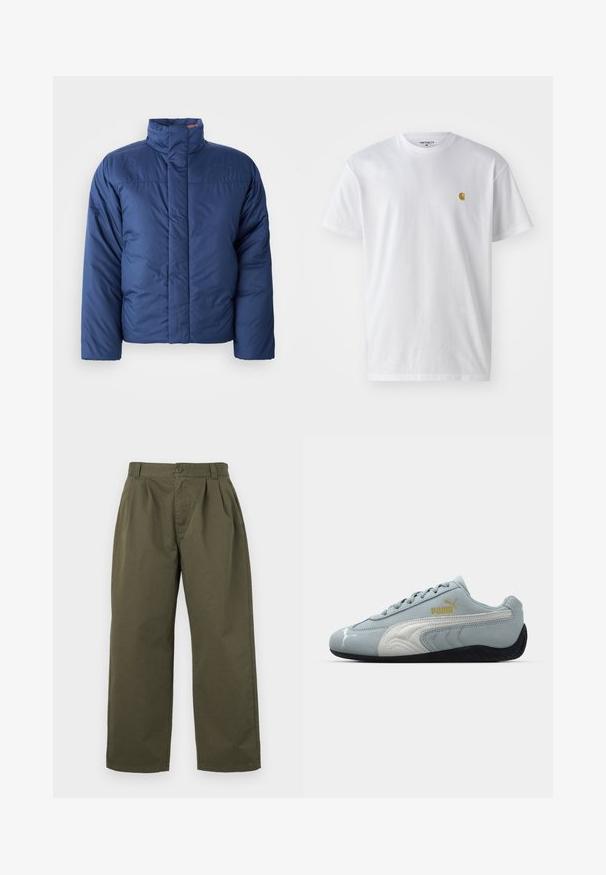 Marineblå dunjakke med høj krave, frontlynlås og quiltet tekstur. Har logo på venstre brystområde.; Hvid bomulds t-shirt med korte ærmer, rund hals og et lille guld logo på venstre brystområde. Blød tekstur og almindelig pasform.; Olivenfarvede bomuldsbukser med lige snit, frontfolder og knaplukning i taljen. Ingen synlige lommer.; Lysblå ruskindsneaker med hvide detaljer, tekstureret sidelayout, sort gummisul og guld logo. Designet til afslappet brug.