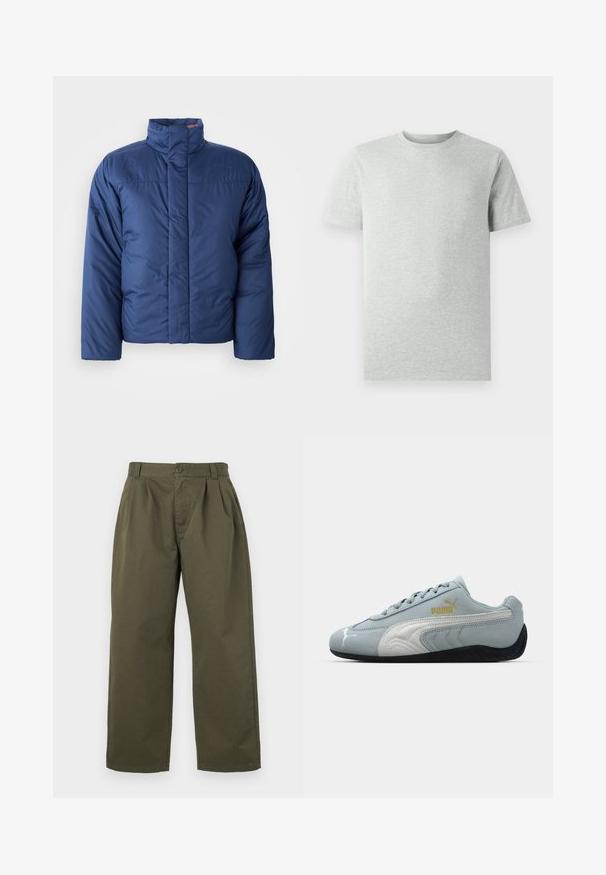 Temno modra zimska jakna s visokim ovratnikom, sprednjim zadrgo in prešito teksturo. Ima logo na levem prsnem delu.; Enostavna svetlosiva kratka majica s kratkimi rokavi in krožnim ovratnikom, prikazana na belem ozadju, sprednji pogled brez vidnih logotipov ali vzorcev.; Olivno zelene bombažne hlače s ravnim krojem, sprednjimi gubami in gumbom za zapiranje v pasu. Brez vidnih žepov.; Svetlo modri semiš športni copati z belimi detajli, teksturirano stransko zasnovo, črnim gumijastim podplatom in zlatim logotipom. Namenjeni so vsakodnevni noši.