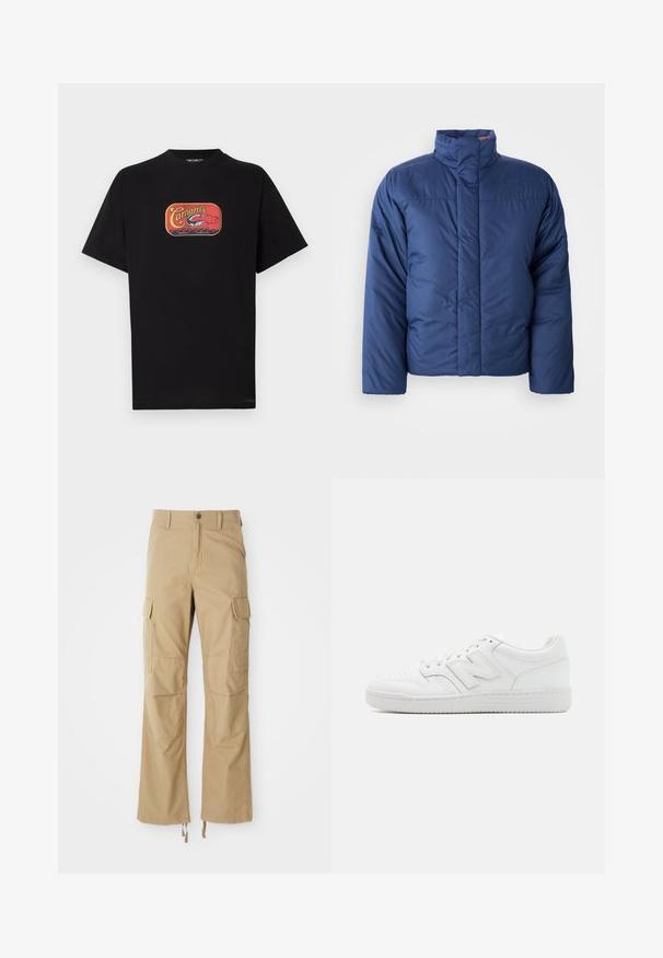 Tengerészkék puffkosztüm magas gallérral, elöl cipzárral és steppelt textúrával. A bal mellkasi részen logóval rendelkezik.; Fekete pamut póló, piros és sárga horgászattal kapcsolatos grafikával az elején. Rövid ujjú, kerek nyakú.; Tartós szövetből készült khaki cargo nadrág, több oldalsó zsebbel, egyenes lábbal és állítható húzózsinórral az alján.; Fehér sportcipő sima bőrből, perforált orral, texturált gumitalppal, lapos fűzőkkel és kiemelkedő 'N' logóval az oldalon.