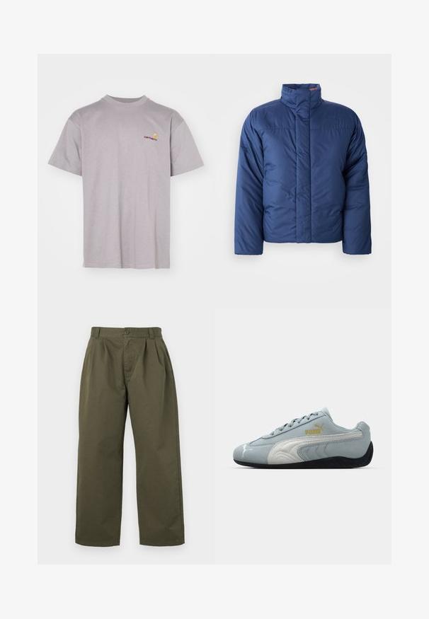 Marineblauwe pufferjack met een hoge kraag, voorritssluiting en gewatteerde textuur. Heeft een logo op de linkerkant van de borst.; Grijze katoenen t-shirt met een ronde halslijn. Beschikt over korte mouwen en een klein geborduurd logo in rood en geel op de linkerborst.; Olijfgroene katoenen broek met een rechte snit, voorplooien en een knoopsluiting bij de taille. Geen zichtbare zakken.; Lichtblauwe suède sneaker met witte accenten, gestructureerd zijdesign, zwarte rubberen zool en gouden logo. Ontworpen voor casual gebruik.