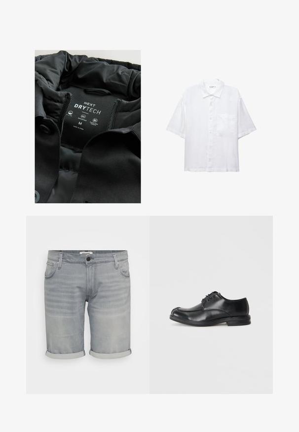 Zwarte jas met een gladde, matte buitenkant en een nylon voering, gelabeld "NEXT DRYTECH," maat M. Inclusief met fleece gevoerde zakken.; Witte korte mouwen shirt met een knoopsluiting aan de voorkant, kraag en een enkele borstzak. Gemaakt van lichte stof met een gladde textuur.; Grijze denim shorts met opgerolde boord, vijfzakjesontwerp en een knoopsluiting. Bevat subtiele vervaging en een geborduurd merkembleem aan de binnenkant.; Zwarte leren veterschoenen met een ronde neus, een gladde textuur en een lage hak. Kenmerkt zich door stiksel details langs de bovenkant en zijkanten.