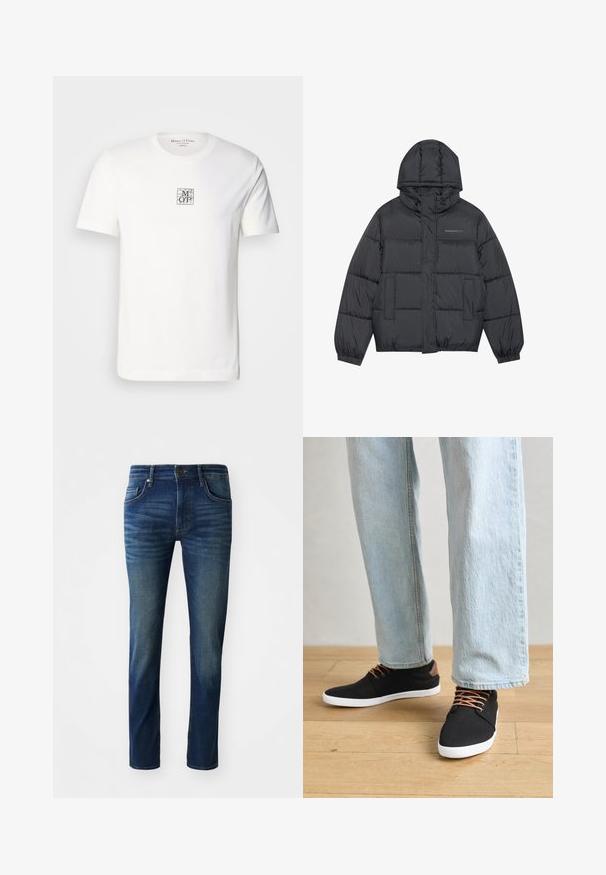 Tamsiai pilkas pūkinis švarkas su užtrauktuku, gobtuvu, dviem priekinių kišenių, elastingomis rankogaliais ir siūtais pūkeliais, kuriuos sukuria tekstūrą. Logo ant krūtinės.; Balta medvilninė marškinė su nedideliu kvadratiniu logotipu, kuriame yra tekstas "M O P", apvaliu kaklu, trumpomis rankovėmis ir tiesia šonu.; Tamsiai mėlyni džinsai su siauru siluetu, turintys penkias kišenes, priekinį užsegimą mygtuku ir subtilų išblukimą ant kojų.; Juodi drobės sportbačiai su rudos spalvos akcentais, baltais gumos padu, rudi raišteliai, derinami su šviesiai mėlynomis tiesiomis džinsinėmis kelnėmis. Medinis grindų fonas.