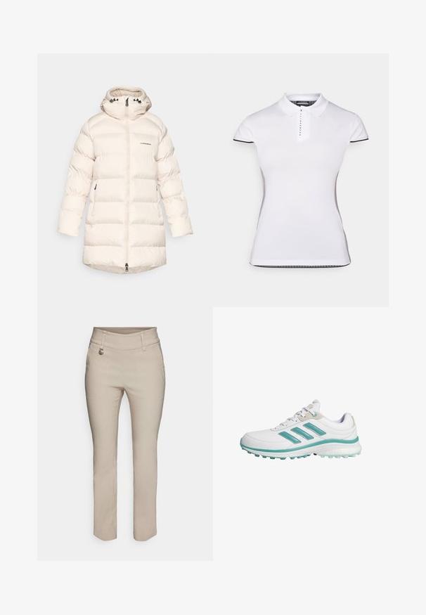 Kremkrāsas pūkains mētelis ar augstu apkakli, rāvējslēdzēju priekšā un divām sānu kabatām. Izgatavots no gluda, siltumizolējoša materiāla ar šūtiem paneļiem.; Balts polo krekls ar īsām piedurknēm, apkakli un priekšējo pogu aizdari. Melnas akcenti piedurknēm un sānu šuvēm. Mīksta, gluda tekstūra.; Bežīgas pielāgotas bikses ar vidēju vidukli, priekšējiem kabatām un sudraba akcentu detaļu. Gluda auduma taisna piedurkne.; Baltas sporta apavi ar tirkīza akcentiem. Satur trīs tirkīza svītras sānos un mīkstu baltu zoli, piemēroti sporta aktivitātēm.