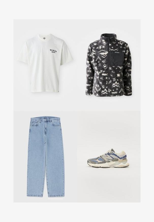 Fleece bunda s černo-bílým abstraktním vzorem, vysokým límcem, plným předním zipem a náprsní kapsou z černé látky.; Bílý tričko s krátkým rukávem vyrobené z bavlny a s kulatým výstřihem. Na levé části hrudi se nachází černě tištěné logo a malá nášivka na lemu.; Světle modré džíny s rovnými nohavicemi, středním pasem, pěti kapsami a zapínáním na knoflík a zip.; Šedé a modré tenisky s texturovaným svrškem, vyrobené z síťoviny a syntetických materiálů, s robustní podrážkou a bílým a béžovým akcentem.