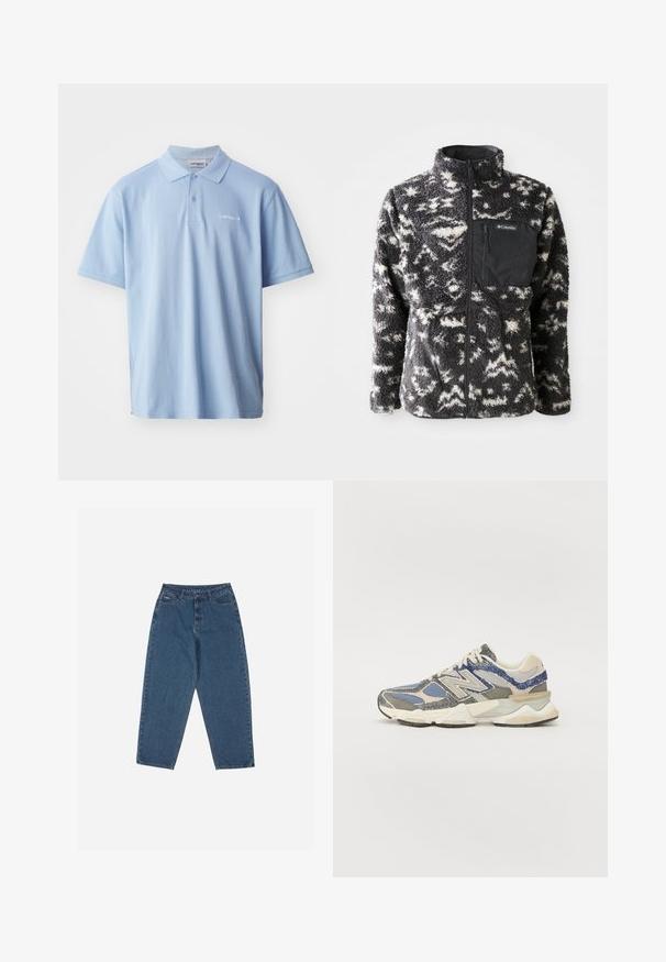 Chaqueta de forro polar con un patrón abstracto en blanco y negro, cuello alto, cierre frontal completo y un bolsillo en el pecho de tela negra.; Camisa polo de algodón azul claro con mangas cortas, tapeta de tres botones y logo bordado en el lado izquierdo del pecho. Textura suave.; Vaqueros de denim azul con un corte relajado, cintura alta, diseño de cinco bolsillos y acentos de costura. Cuenta con un cierre de botón y cremallera.; Zapatilla gris y azul con un upper texturizado, que presenta materiales de malla y sintéticos, una suela gruesa, y acentos en blanco y beige.